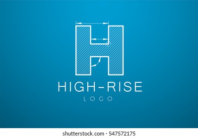 logo template letter H  in the style of a technical drawing. sign design and the text "high-rise" with dimension lines. Vector illustration