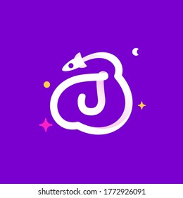 Logo template letter J with planets, rocket launch and stars. Vibrant line icon for science labels, biology headlines, physics posters, chemistry design.