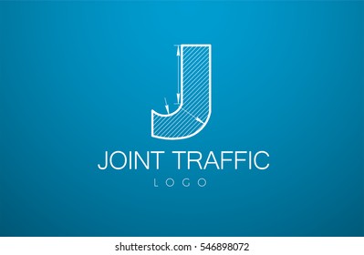 logo template letter J  in the style of a technical drawing. sign design and the text "joint  traffic" with dimension lines. Vector illustration