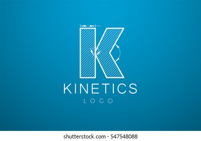 logo template letter K  in the style of a technical drawing. sign design and the text "kinetics" with dimension lines. Vector illustration