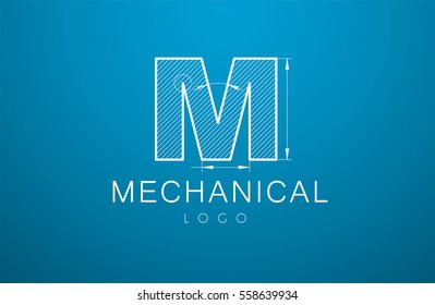 letra M de la plantilla de logotipo en el estilo de un dibujo técnico. diseño de señalización y texto "mecánico" con líneas de cota. Ilustración del vector
