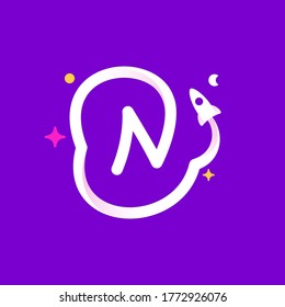 Logo template letter N with planets, rocket launch and stars. Vibrant line icon for science labels, biology headlines, physics posters, chemistry design.