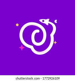 Logo template letter O with planets, rocket launch and stars. Vibrant line icon for science labels, biology headlines, physics posters, chemistry design.