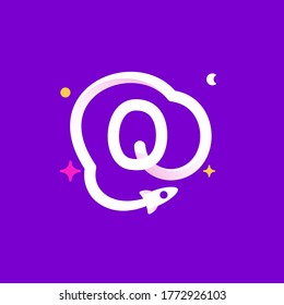 Logo template letter Q with planets, rocket launch and stars. Vibrant line icon for science labels, biology headlines, physics posters, chemistry design.