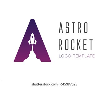 Logo template letter A with rocket launch symbol. Trending negative space design.