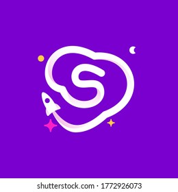 Logo template letter S with planets, rocket launch and stars. Vibrant line icon for science labels, biology headlines, physics posters, chemistry design.