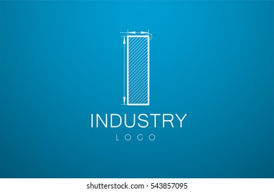 logo template letter I  in the style of a technical drawing. sign design and the text "industry" with dimension lines. Vector illustration