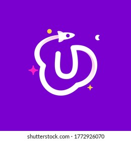 Logo template letter U with planets, rocket launch and stars. Vibrant line icon for science labels, biology headlines, physics posters, chemistry design.