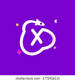 Logo template letter X with planets, rocket launch and stars. Vibrant line icon for science labels, biology headlines, physics posters, chemistry design.
