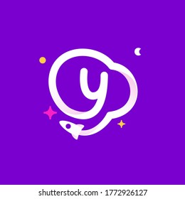 Logo-Template Y mit Planeten, Raketenstart und Sternen. Lebhaftes Liniensymbol für Wissenschaftsetiketten, Biologie-Schlagzeilen, Physik-Plakate, Chemiedesign.