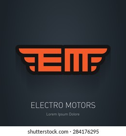 Logo template with letters E, M and stylized wings. Vector logotype, design element or icon.