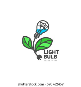 Logo template with light bulb as flower, ecology, growth, development concept, vector illustration isolated on white background. Line art logotype, logo design with light bulb as flower plant