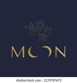 Logo template in linear golden style. Whale with the moon. Esoteric illustration with moon and stars