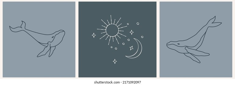 Logo template in linear golden style. Whale with the moon. Esoteric illustration with moon and stars