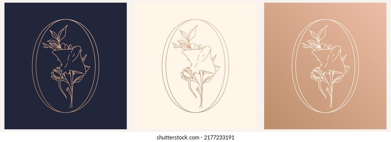 Logo template in linear style. Scat in flowers. Esoteric illustration for astrologer, shop, beauty salon