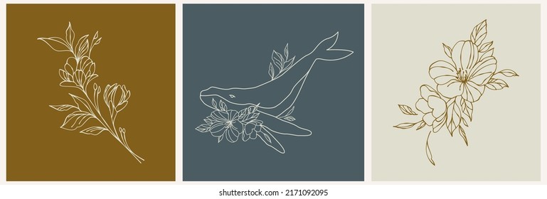 Logo template in linear style. Whale with flowers. Esoteric illustration in retro style