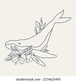 Logo template in linear style. Whales with flowers. Esoteric illustration for astrologer, shop, beauty salon