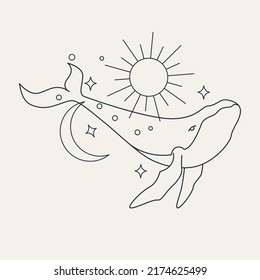 Logo template in linear style. Whales with moon and stars. Esoteric illustration for astrologer, shop, beauty salon