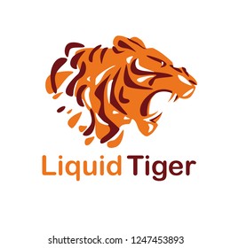 Logo template of liquid colorful tiger head made of drops and spots. Tiger growls, opened its toothy mouth.