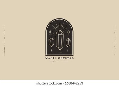 Plantilla de logotipo con cristales mágicos brillantes en un estilo lineal de moda. Emblema minimalista para el diseño de embalajes de productos hechos a mano y joyería. Ilustración vectorial retro.