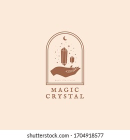 Plantilla de logotipo con cristales mágicos y de estilo minimalista moderno. El cuarzo de piedra mágica chispa y se sobresale. Símbolos místicos de las prácticas espirituales de la magia étnica y los ritos astrológicos