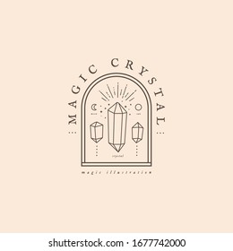 Plantilla de logotipo con cristales de cuarzo mágicos brillantes en un estilo lineal de moda. Emblema minimalista para el diseño de embalajes de productos hechos a mano y joyería. Ilustración vectorial retro.