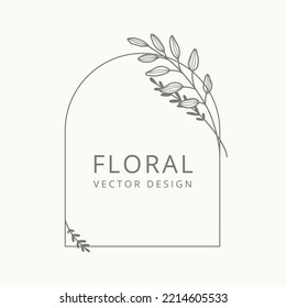 Plantilla de logotipo con estilo de línea mínimo con bifurcación y hojas. Elegante marco floral dibujado a mano. Ilustración vectorial botánica para etiquetas, 
identidad de negocio de marca, invitación de boda