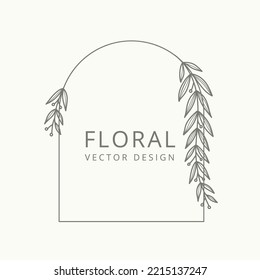 Plantilla de logotipo con estilo de línea mínimo con bifurcación y hojas. Elegante marco floral dibujado a mano. Ilustración vectorial botánica para etiquetas, 
identidad de negocio de marca, invitación de boda