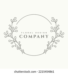 Logo template in minimal line style with branch and leaves. Elegant сircle floral frame hand drawn. Botanical vector illustration for labels, 
branding business identity, wedding invitation