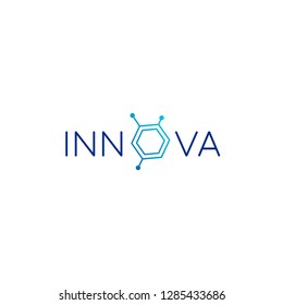 Logo template with molecule idea for medical clinic scientific business service, drugs, pills, innovation startup. Simple line microbiology icon, genetic lab emblem.