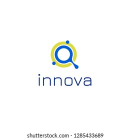Logo template with molecule idea for medical clinic scientific business service, drugs, pills, innovation startup. Simple line microbiology icon, genetic lab emblem.