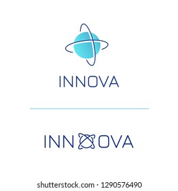 Logo template with molecule idea for medical clinic scientific business service, drugs, pills, innovation startup. Simple line microbiology icon, genetic lab emblem.