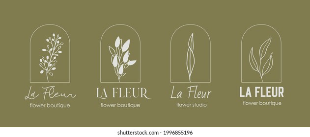 Logo template and monogram concept in trendy linear style with arch - floral frame emblem for fashion, beauty and jewellery, Wedding invitation, socia. La fleur-lettering in french