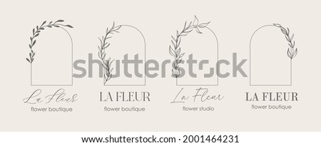 Logo template, monogram concept in trendy linear style with arch - floral frame. Emblem for fashion, beauty and jewellery, Wedding invitation, socia. La Fleur - flower in french. Foto stock © 
