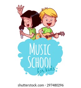 Logo Template For Music School With Two Children. Vector Clip Art Illustration On A White Background.