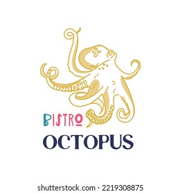 Logo template with octopus drawn by hand drawn lines. Emblem for the menu of fish restaurants, bistro, markets and shops. Vector illustration