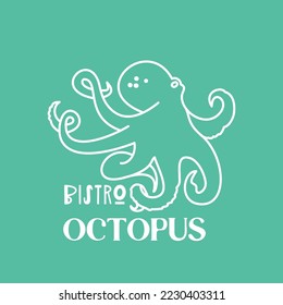 Plantilla de logotipo con pulpo dibujado a mano. Emblema para la carta de restaurantes de pescado, bistró, mercados y tiendas. Ilustración del vector