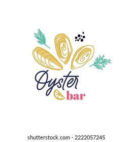 Logo template for oyster bar or fish restaurant in hand drawn style on white background. Emblem for the menu of fish restaurants, bistro, markets and shops. Vector illustration