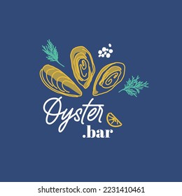 Logo template for oyster bar or fish restaurant in hand drawn style on blue background. Emblem for the menu of fish restaurants, bistro, markets and shops. Vector illustration