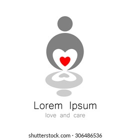 plantilla de logotipo - una persona con corazón. La idea para el cartel que identifica a la organización, comunidad de fondos. Símbolo de amor, cuidado, protección.