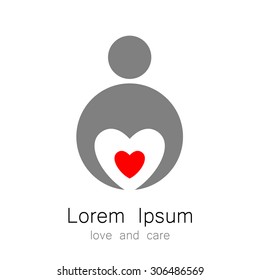 plantilla de logotipo - una persona con corazón. La idea para el cartel que identifica a la organización, comunidad de fondos. Símbolo de amor, cuidado, protección.
