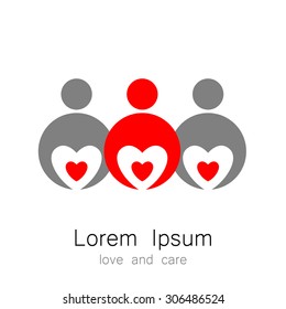 plantilla de logotipo - personas con corazones. La idea para el cartel que identifica a la organización, comunidad de fondos. Símbolo de amor, cuidado, protección.