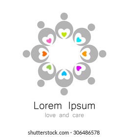 logo template - a persons with a hearts. The idea for the sign identifying the organization, fund community. Symbol of love, care, protection.