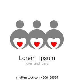 logo template - a persons with a hearts. The idea for the sign identifying the organization, fund community. Symbol of love, care, protection.