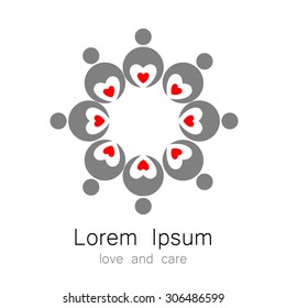 logo template - a persons with a hearts. The idea for the sign identifying the organization, fund community. Symbol of love, care, protection.