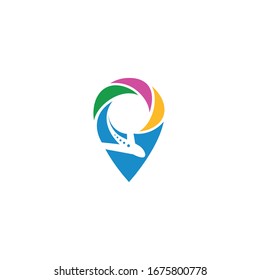 Logo template of pin and airplane. Simple flat style. Vector logo template ready for use.