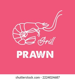 Logo template with prawn or shrimp drawn by hand drawn lines on magenta background. Emblem for the menu of fish restaurants, bistro, markets and shops. Vector illustration