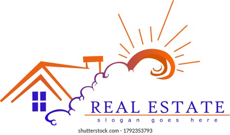 The logo template of real estate designed in the ornament of cloud and sun with color orange and blue