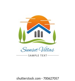 Logo Template For Real Estate, Retirement Home Or Travel Industry With Villa And Park In Sunset