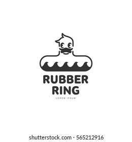 Logo template with rubber duck swimming ring, front view, vector illustration isolated on white background. Graphic dack shaped rubber ring with stylied waves logotype, logo design